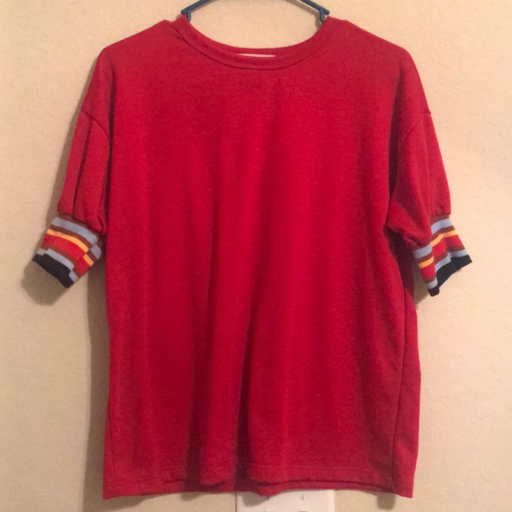 Red Tee with Rainbow Sleeves